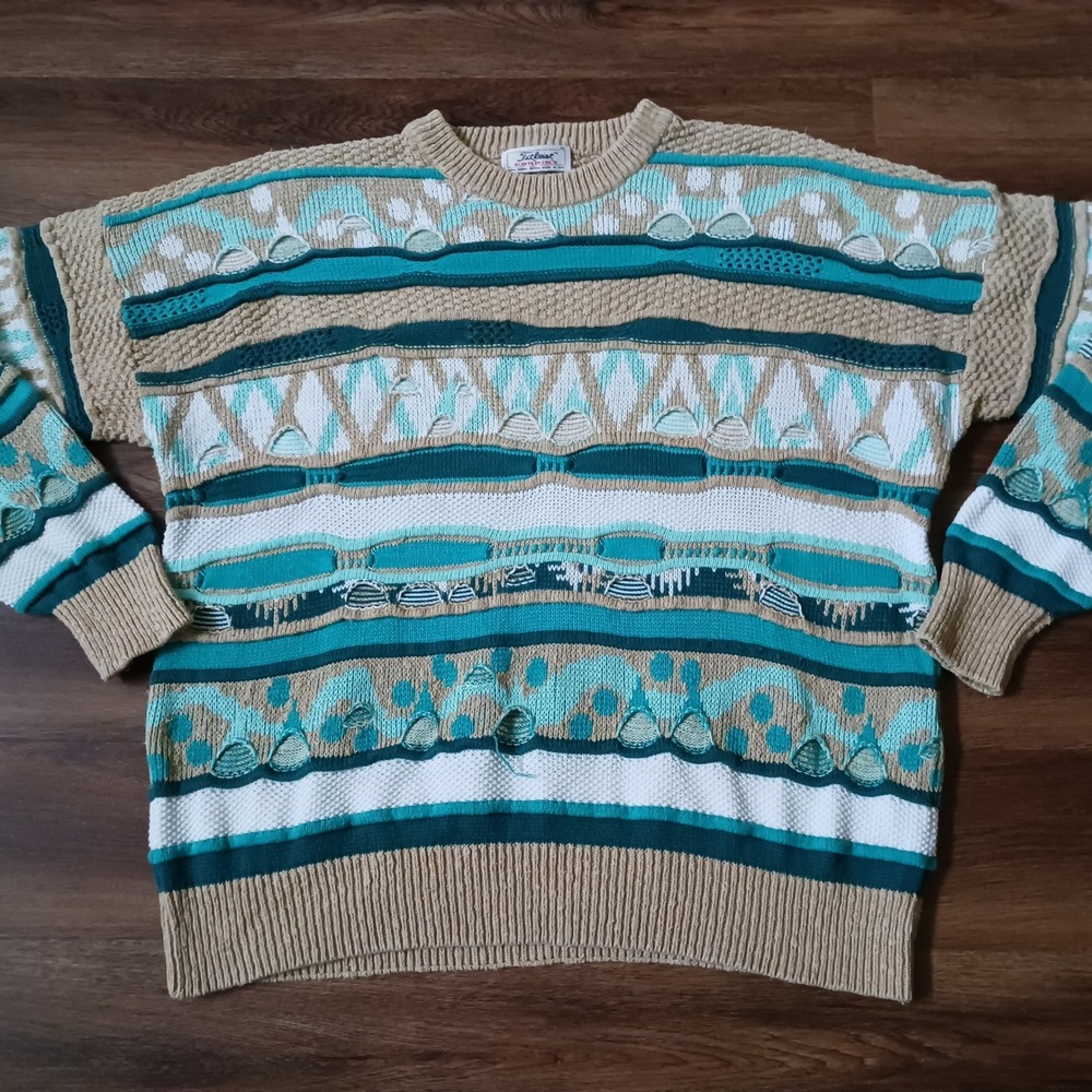 Vintage Titleist by Corbin 3D Knit Sweater Mens XL Teal Tan Cotton Made in‎ USA